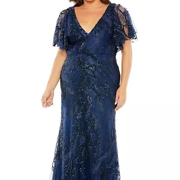 Mac Duggal Midnight Blue Embellished Embroidered Flutter Sleeve Gown - Picture 1 of 5